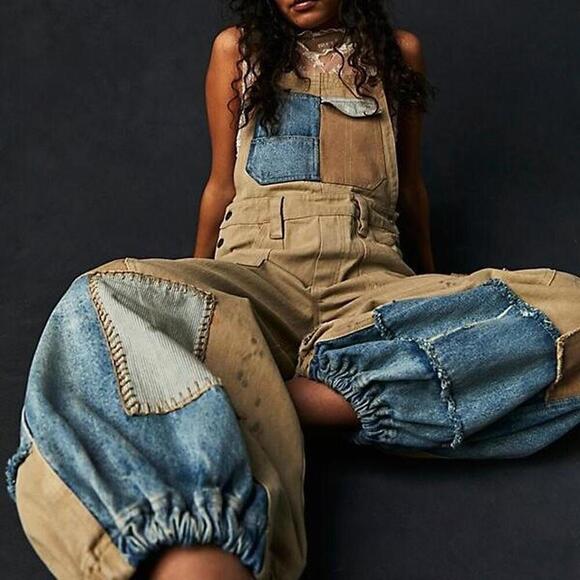 Free People – Bittersweet Embroidered Overalls – Patchwork Tan/Denim – Size M - Picture 4 of 4